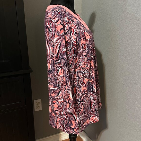 Kim Rogers Womens XL Paisley Tunic Top Coral Navy 3/4 Sleeve Cotton Blouse Boho - Picture 6 of 8